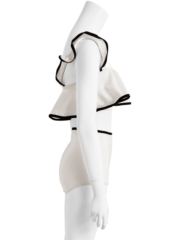 配色パイピングフリルハイウエストビキニ水着