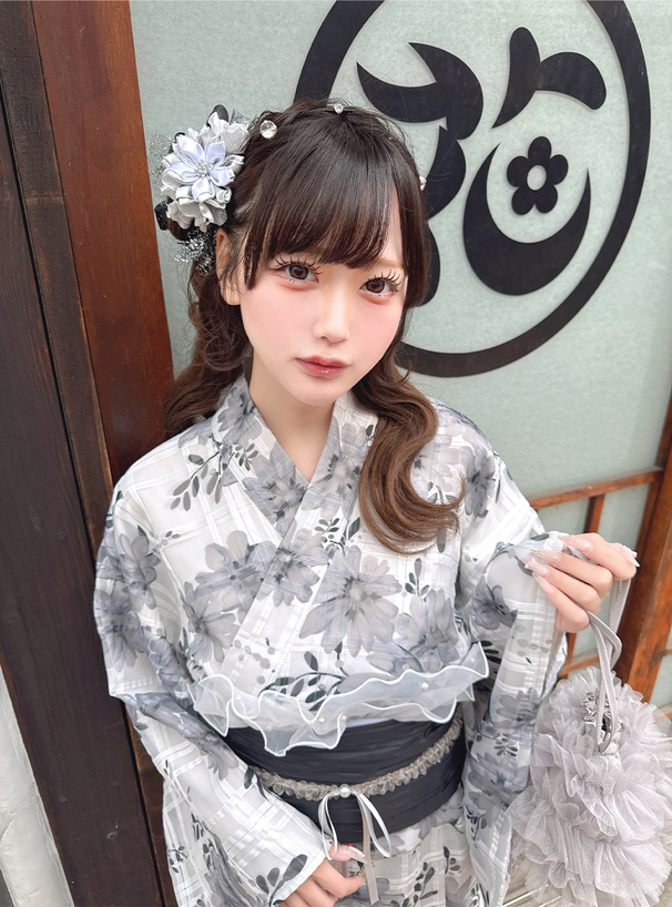 3点セット2Way花柄チェックオーガンジーセパレート浴衣