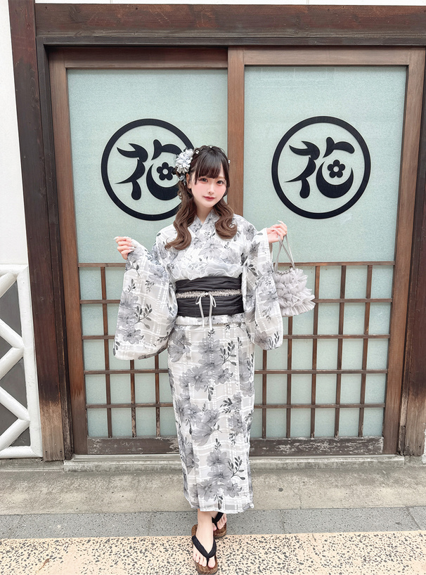 3点セット2Way花柄チェックオーガンジーセパレート浴衣