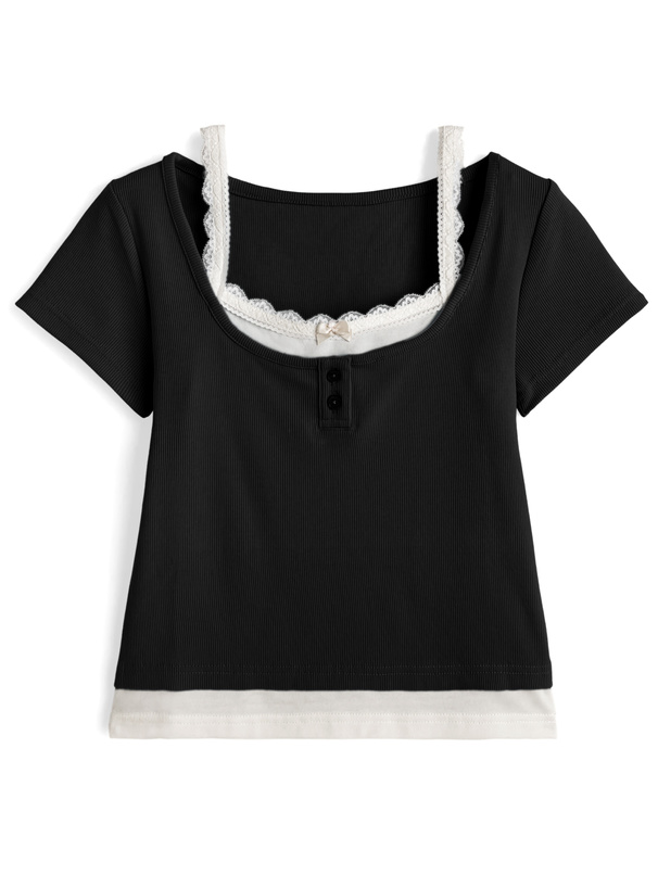 キャミソールレイヤード風ヘンリーネックリブトップス