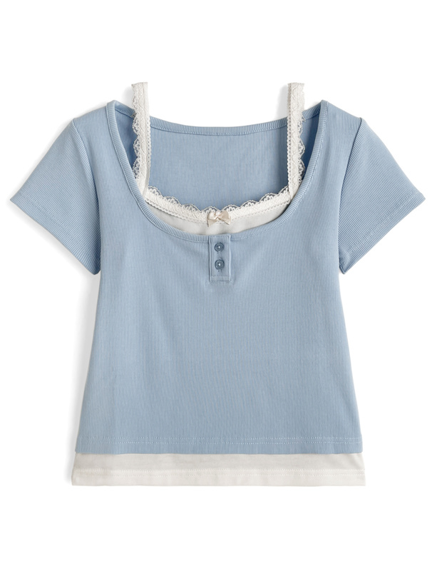 キャミソールレイヤード風ヘンリーネックリブトップス