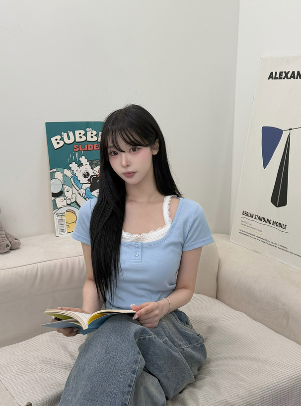 キャミソールレイヤード風ヘンリーネックリブトップス