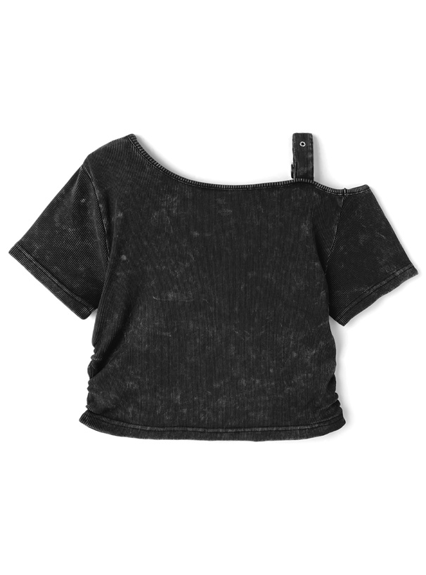 ピグメントラインストーンロゴワンショルダートップス