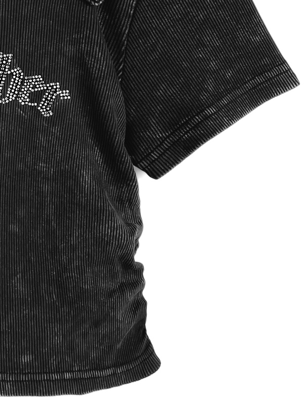 ピグメントラインストーンロゴワンショルダートップス