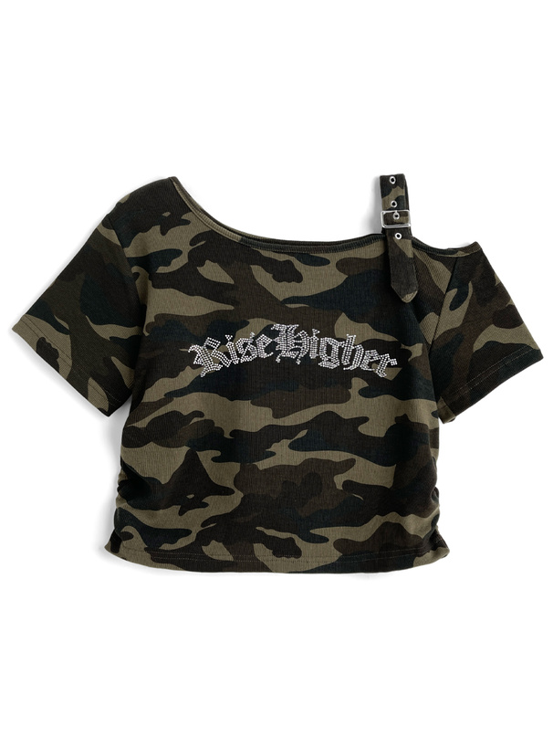 カモフラージュ柄ラインストーンロゴワンショルダートップス