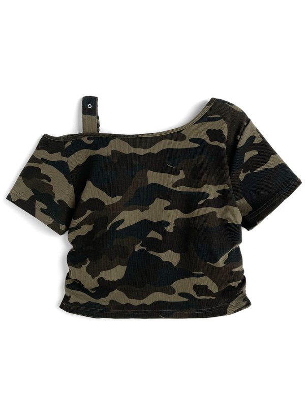 カモフラージュ柄ラインストーンロゴワンショルダートップス