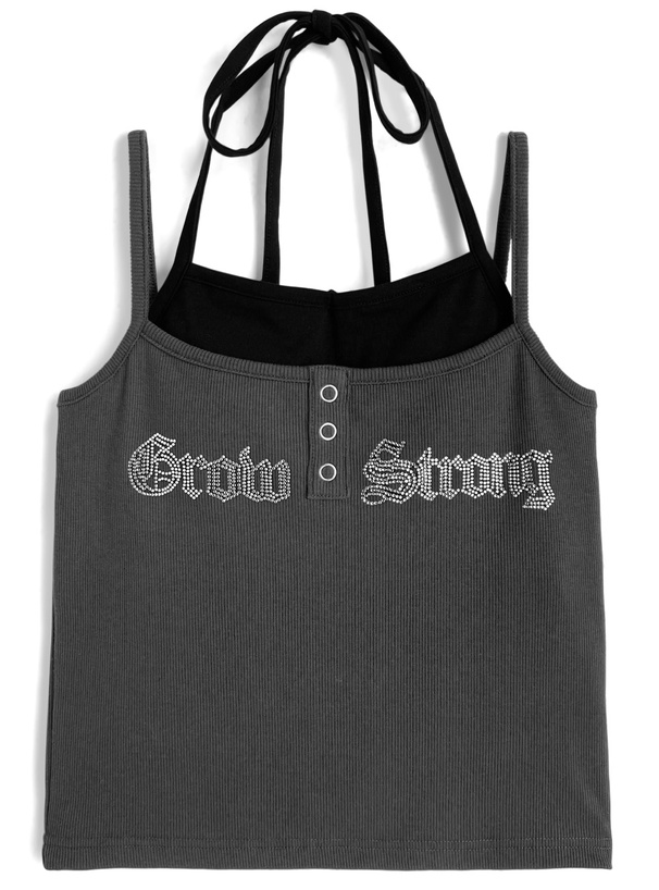 カップ付きレイヤード風ラインストーンロゴキャミソールトップス