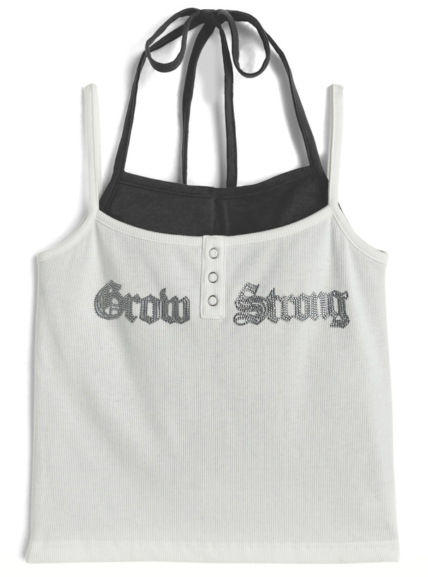 カップ付きレイヤード風ラインストーンロゴキャミソールトップス