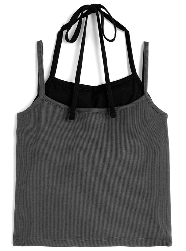 カップ付きレイヤード風ラインストーンロゴキャミソールトップス