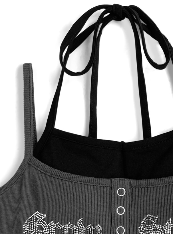 カップ付きレイヤード風ラインストーンロゴキャミソールトップス