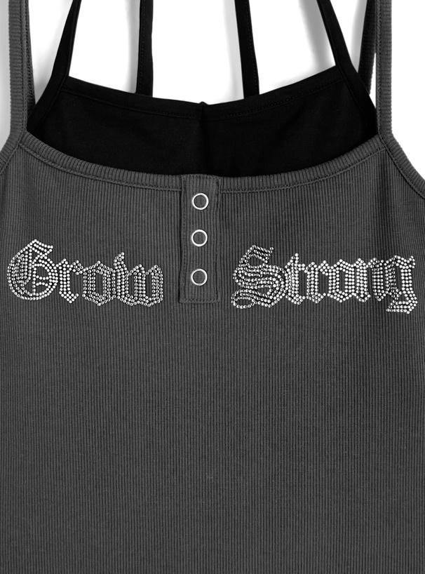 カップ付きレイヤード風ラインストーンロゴキャミソールトップス