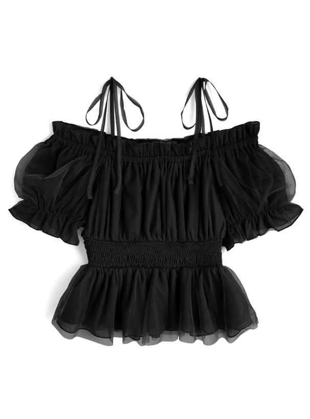 ラメシアーチュールオフショルダーリボントップス