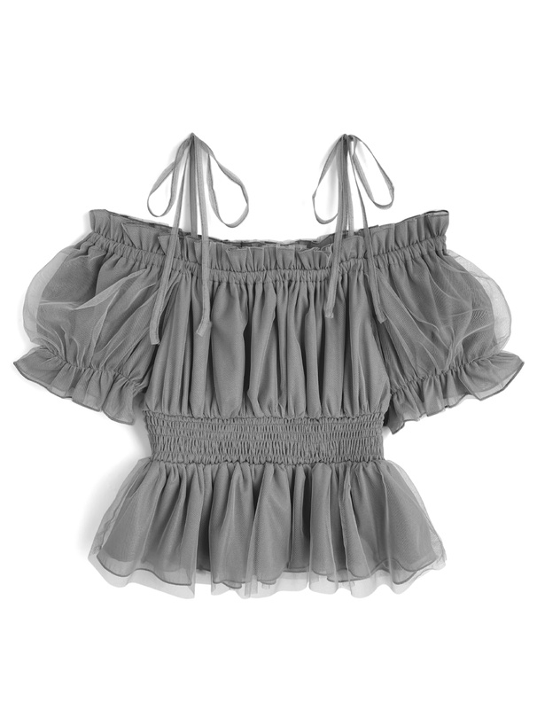 ラメシアーチュールオフショルダーリボントップス