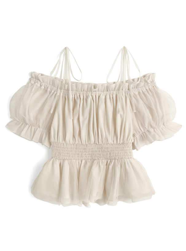 ラメシアーチュールオフショルダーリボントップス