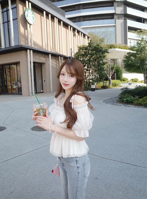 ラメシアーチュールオフショルダーリボントップス