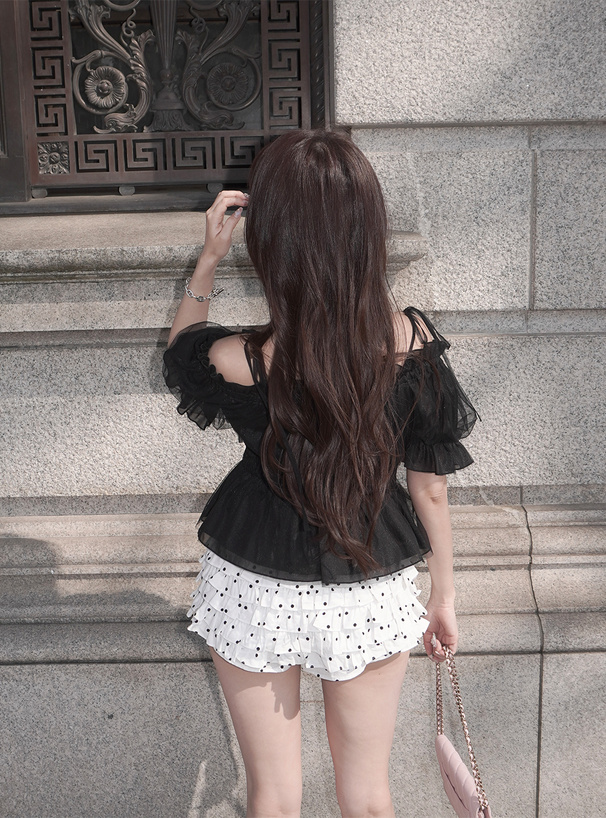 ラメシアーチュールオフショルダーリボントップス