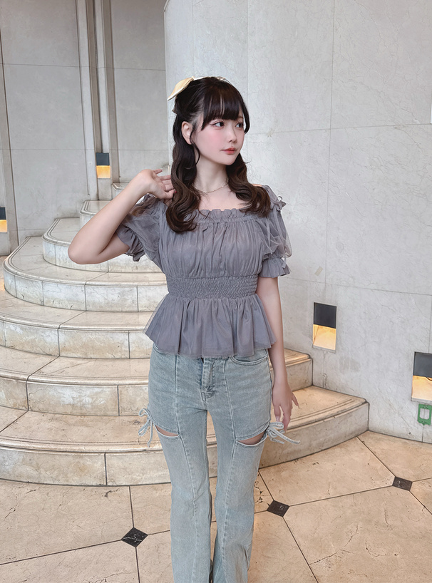 ラメシアーチュールオフショルダーリボントップス