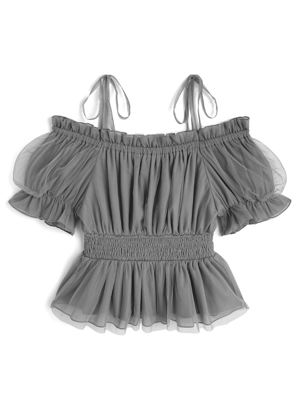 ラメシアーチュールオフショルダーリボントップス