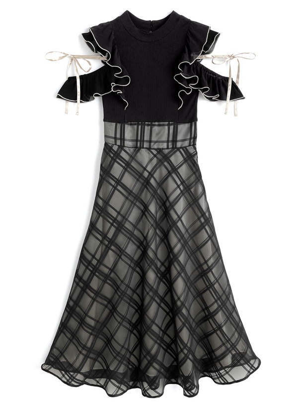 チェック柄ドッキングショルダーオープンフレアワンピース