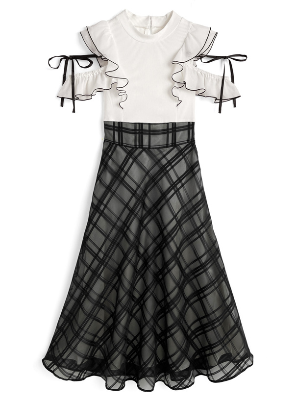 チェック柄ドッキングショルダーオープンフレアワンピース