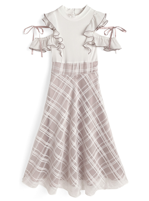 チェック柄ドッキングショルダーオープンフレアワンピース