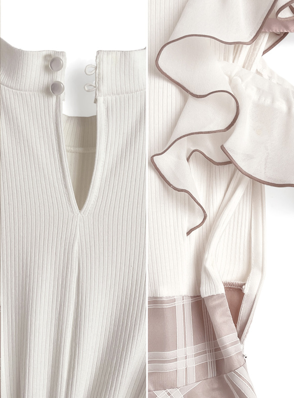 チェック柄ドッキングショルダーオープンフレアワンピース