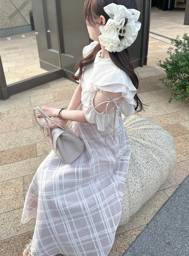 チェック柄ドッキングショルダーオープンフレアワンピース