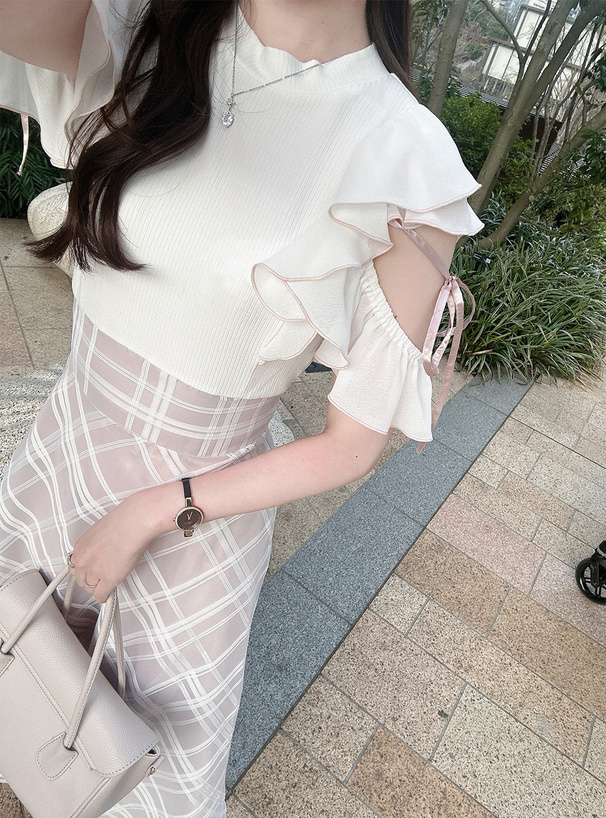 チェック柄ドッキングショルダーオープンフレアワンピース