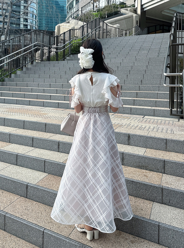チェック柄ドッキングショルダーオープンフレアワンピース