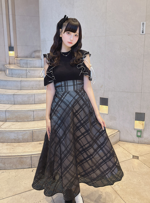 チェック柄ドッキングショルダーオープンフレアワンピース