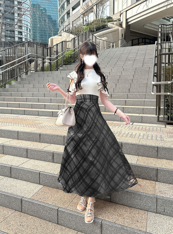 チェック柄ドッキングショルダーオープンフレアワンピース