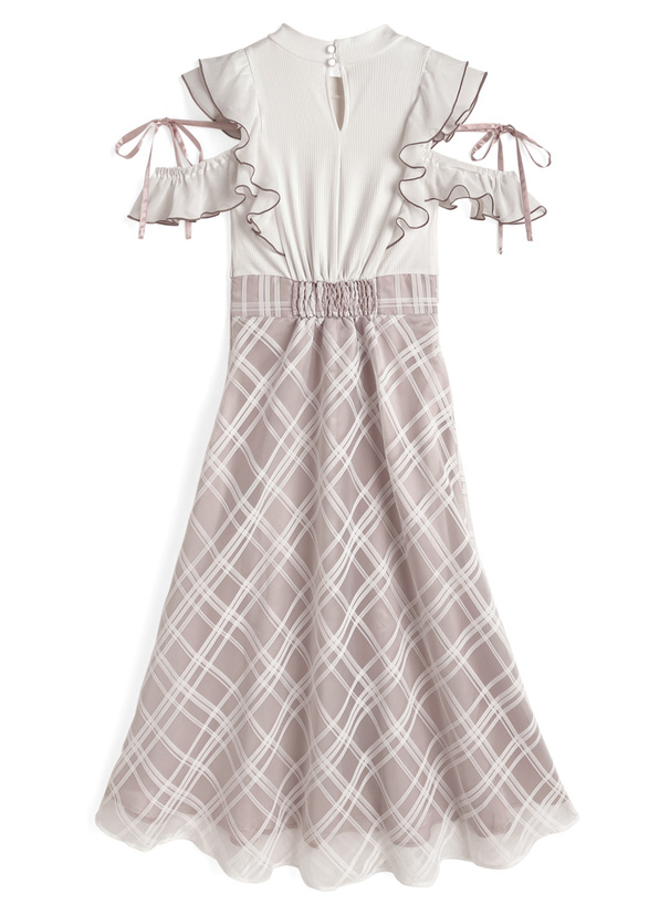 チェック柄ドッキングショルダーオープンフレアワンピース
