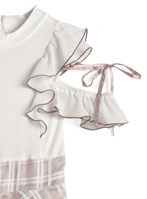 チェック柄ドッキングショルダーオープンフレアワンピース