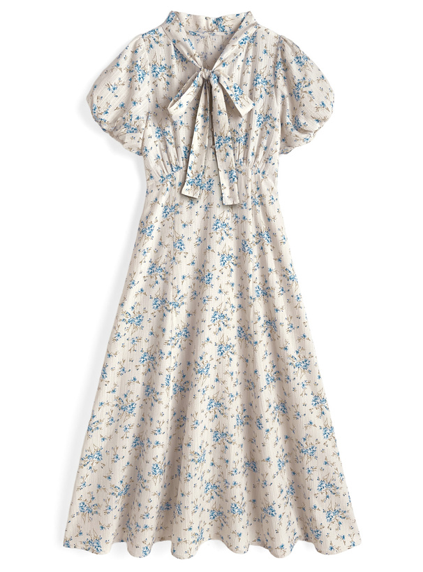 ボウタイ付き花柄ロングワンピース
