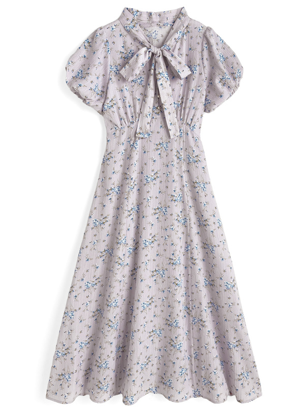 ボウタイ付き花柄ロングワンピース