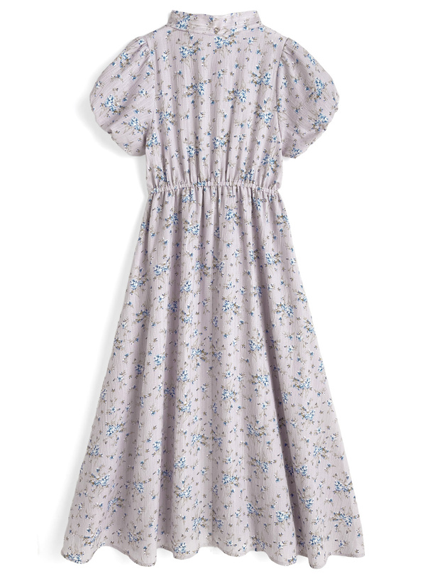 ボウタイ付き花柄ロングワンピース