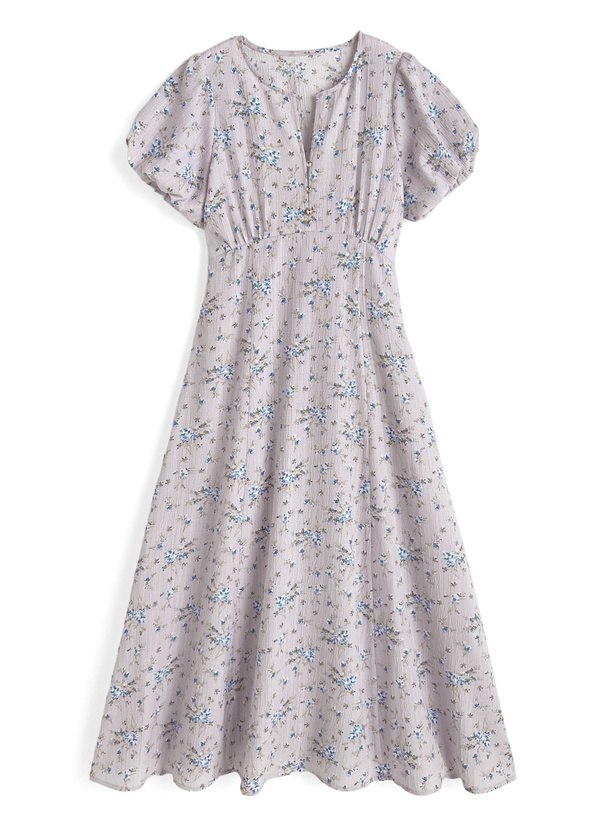 ボウタイ付き花柄ロングワンピース