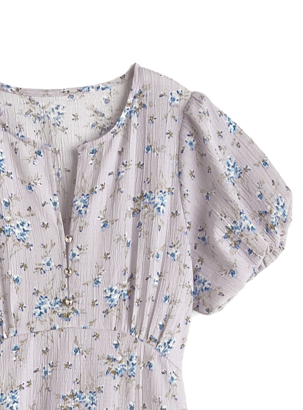 ボウタイ付き花柄ロングワンピース