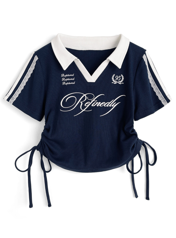 配色襟ロゴプリントサイドドロストトップス