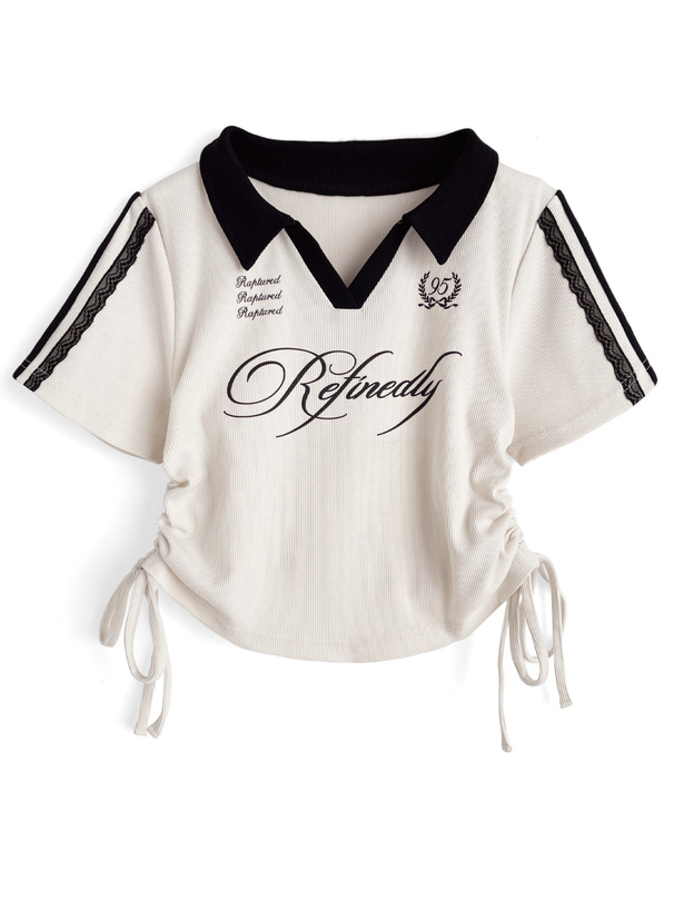 配色襟ロゴプリントサイドドロストトップス