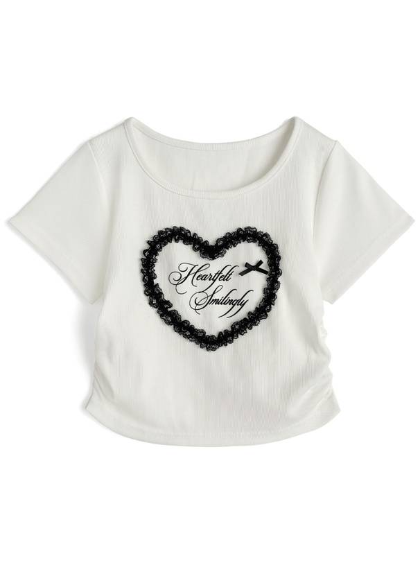 レースハートロゴサイドギャザーリブトップス