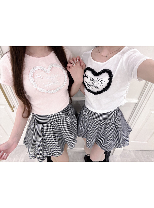 レースハートロゴサイドギャザーリブトップス