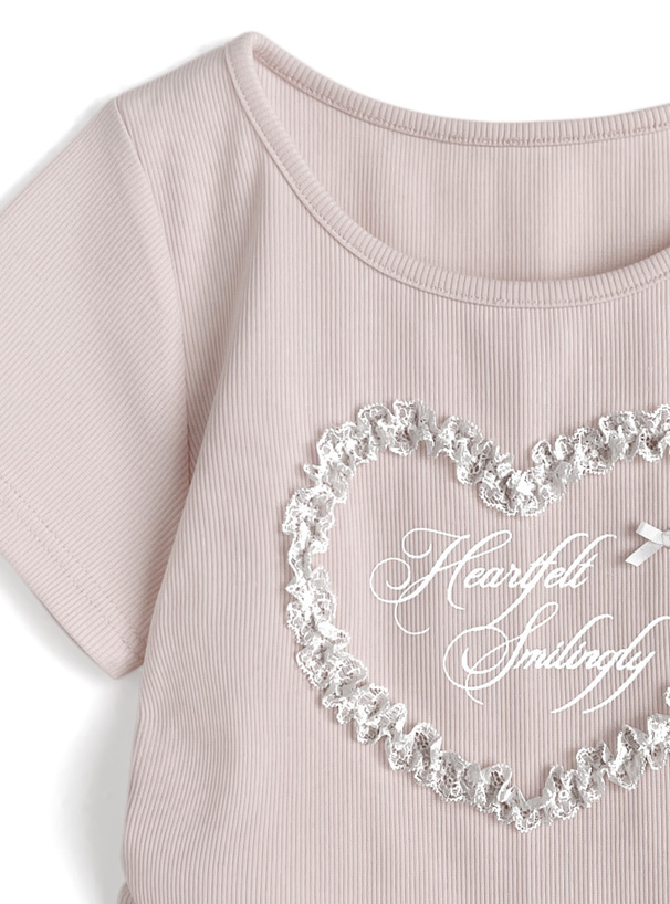 レースハートロゴサイドギャザーリブトップス