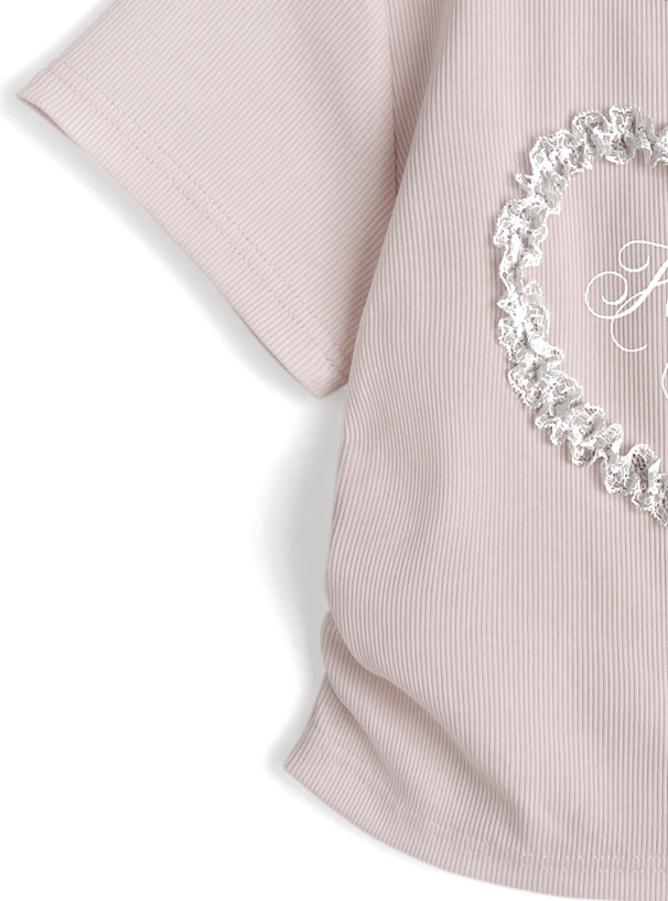 レースハートロゴサイドギャザーリブトップス