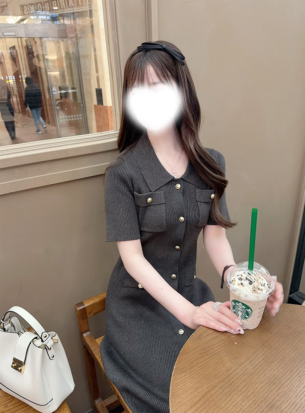 ゴールドボタンリブニットフレアロングワンピース