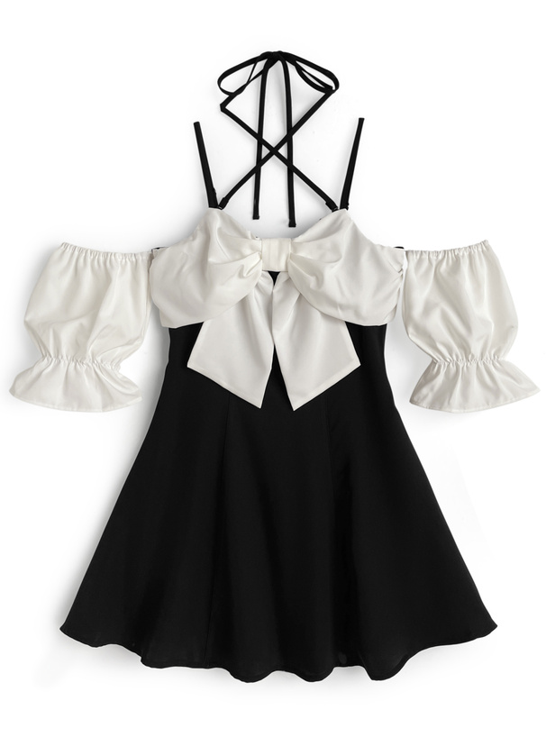 ストラップ付きビッグリボンオフショルダーミニワンピース