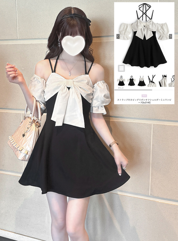 ギャル服肩開きリボン付きオフショルダー袖レースミニワンピース 黒/白M ストラップ付きビッグリボンオフショルダーミニワンピース[tu2140