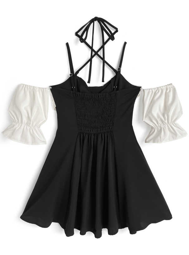 ストラップ付きビッグリボンオフショルダーミニワンピース