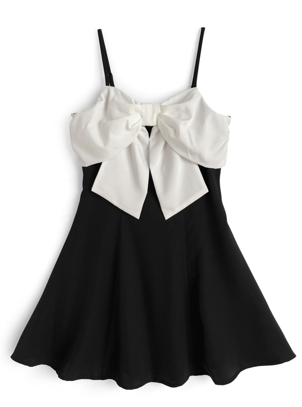 ストラップ付きビッグリボンオフショルダーミニワンピース