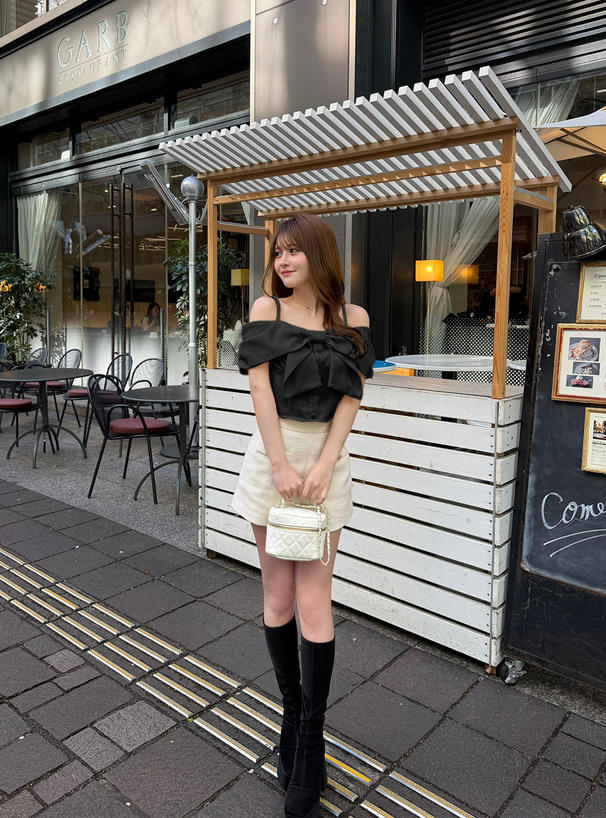 ビッグリボンツイードオフショルダートップス